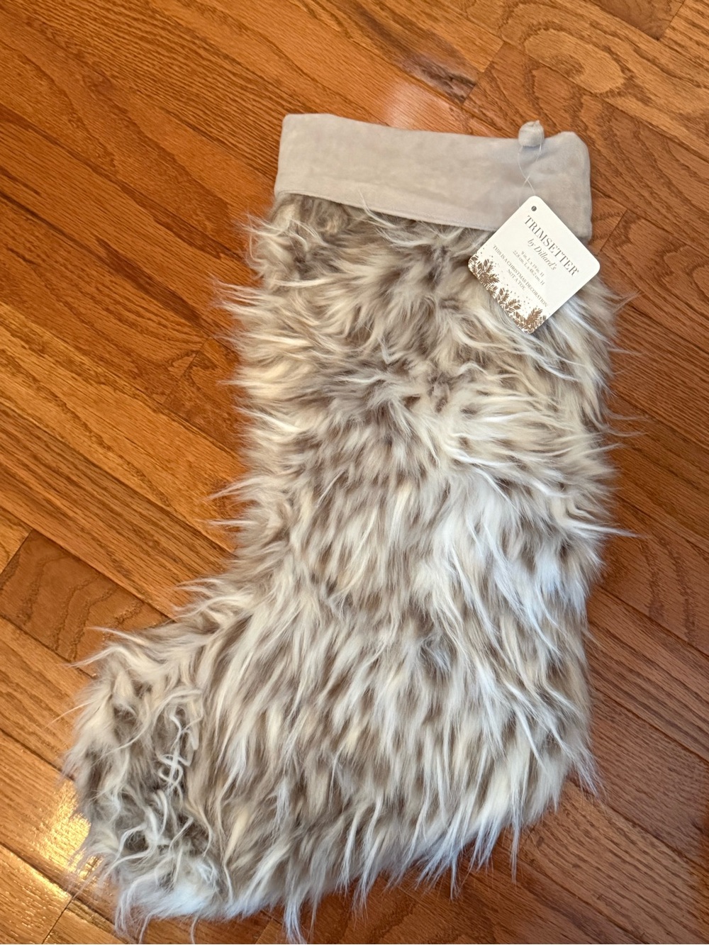 Dillard’s Trimsetter Plush Faux Fur Holiday Stocking in Light Taupe and Cream